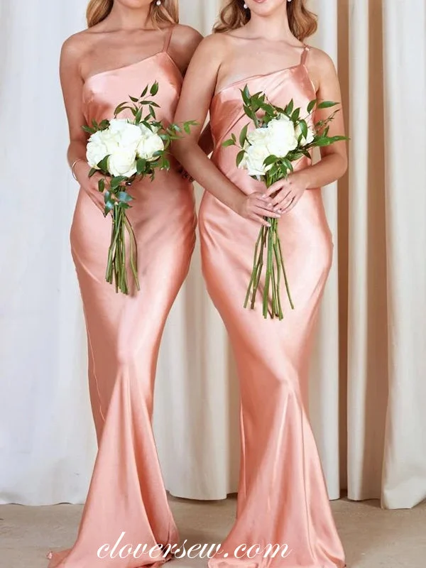 Stunning Silk Gown Pink Elastic Satin Spaghetti Strap One Shoulder Sheath Bridesmaid Dresses,CB0164 Stunning Silk Gown Pink Elastic Satin Spaghetti Strap One Shoulder Sheath Bridesmaid Dresses,CB0164