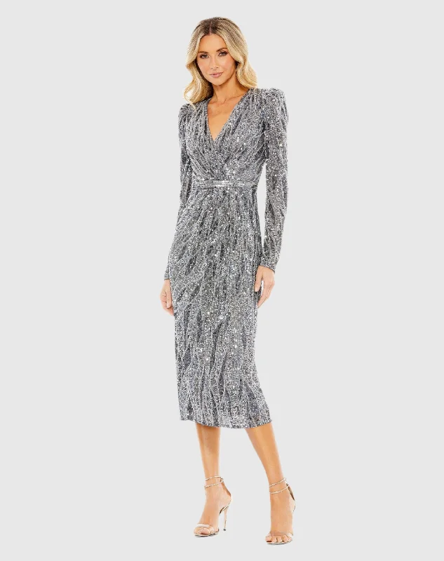 Long Sleeve V Neck Beaded Cocktail Dress