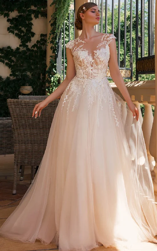 Beautiful A Line Bateau Neck Tulle Sweep Train Wedding Dress with Appliques-716377