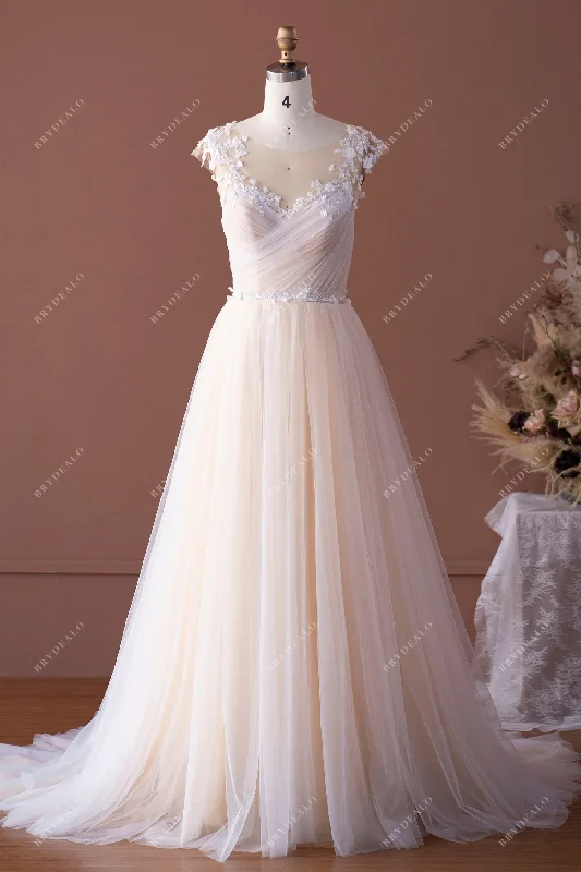 Lace Cap Sleeve Champagne Ruched Tulle Bridal Gown