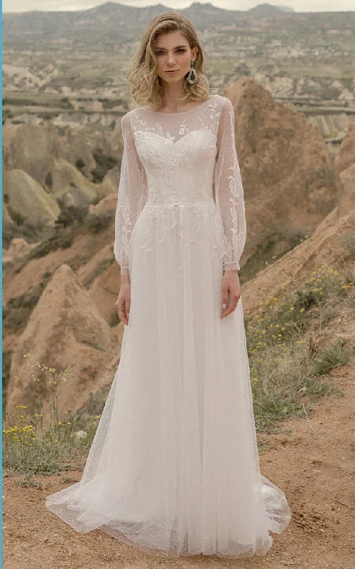 Elegant A-Line Bateau Wedding Dress With Illusion Long Sleeves And Lace-up Back-716441