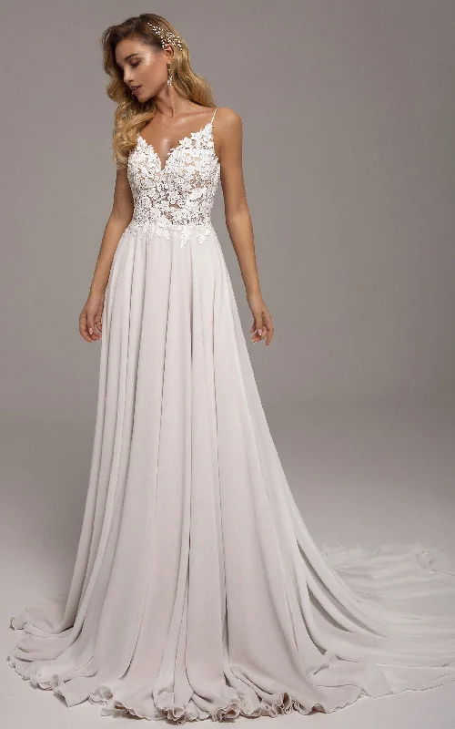 Elegant A-Line Spaghetti Chiffon Lace Court Train Wedding Dress with Appliques-716417