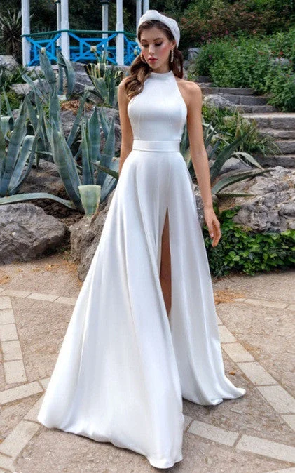 Ethereal A-Line High Neck Halter Satin Wedding Dress with Split Front-716422