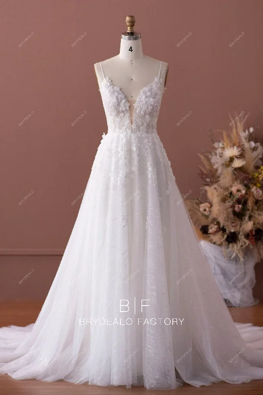 Romantic Flower Lace Plunging Neck Sparkly Wedding Ball Gown