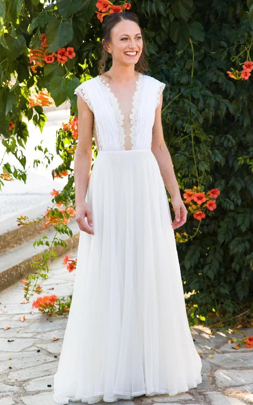 Greek A-Line Plunging Neckline Chiffon Lace Wedding Dress With Open Back And Pleats-716607