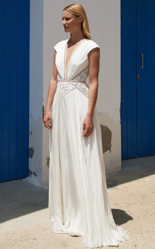 Greek A-Line Plunging Neckline Chiffon Wedding Dress With Open Back And Appliques-716608