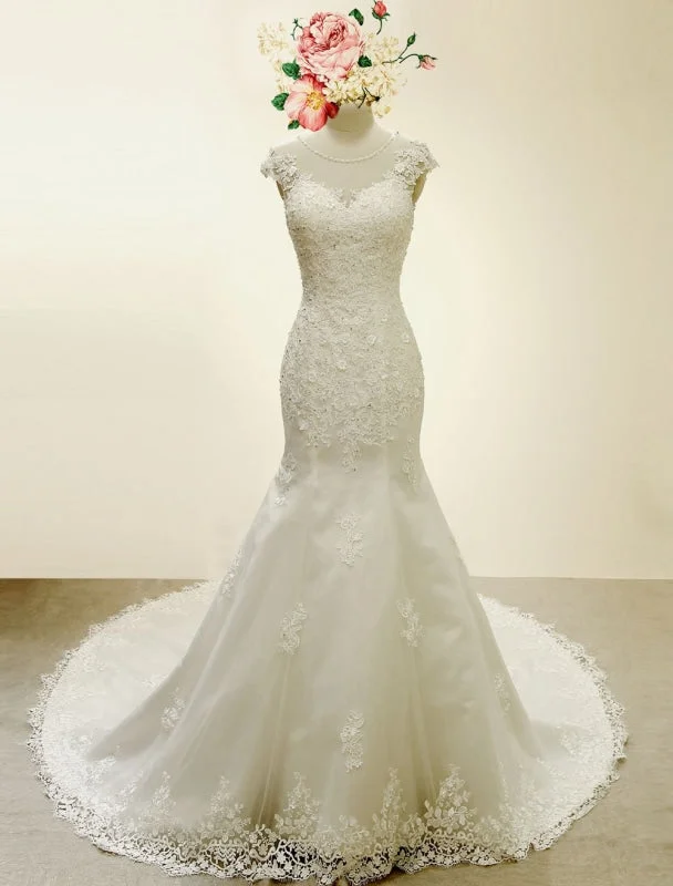 High Qulity Lace Mermaid Wedding Dress Illusion Chaple Train Ivory Beading Bridal Gown