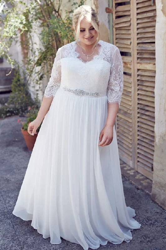 Jeweled Half-Sleeve V-Neck Chiffon Plus Size Wedding Dress With Pleats-MK_705605