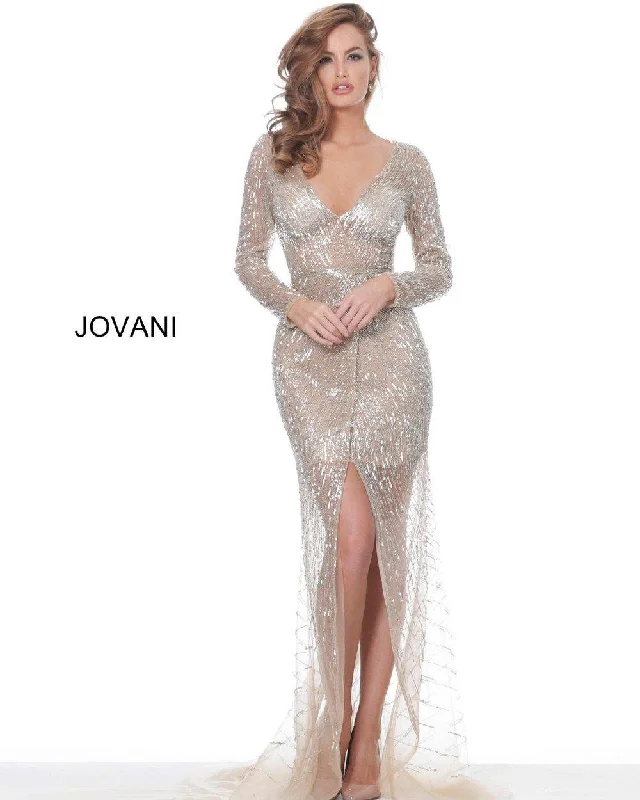 Jovani 02497 Long Sleeve Formal Beaded Evening Gown