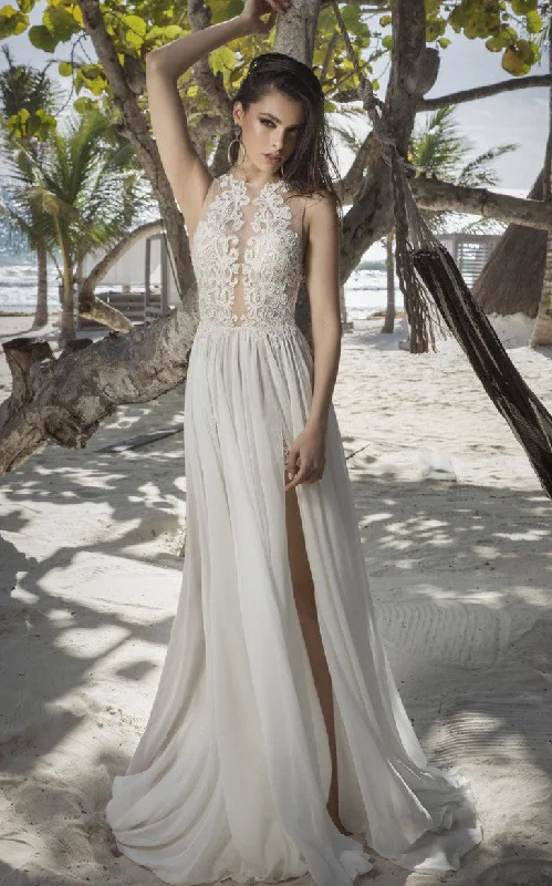 Modern A-Line Halter Tulle Sweep Train Wedding Dress with Split Front-716426