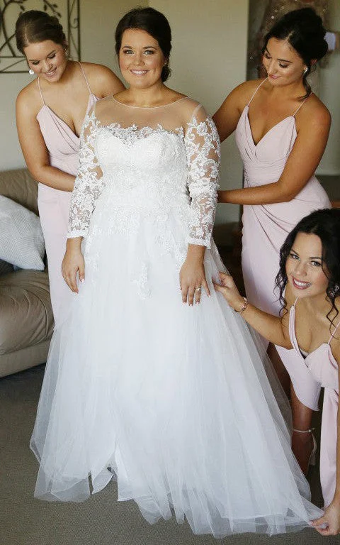 Modest Plus Size Long Sleeve Lace A Line Illusion Wedding Dress with Appliques-716290