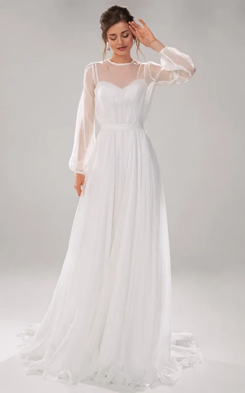 Modest A Line Jewel Chiffon Long Sleeve Wedding Dress with Train-716373