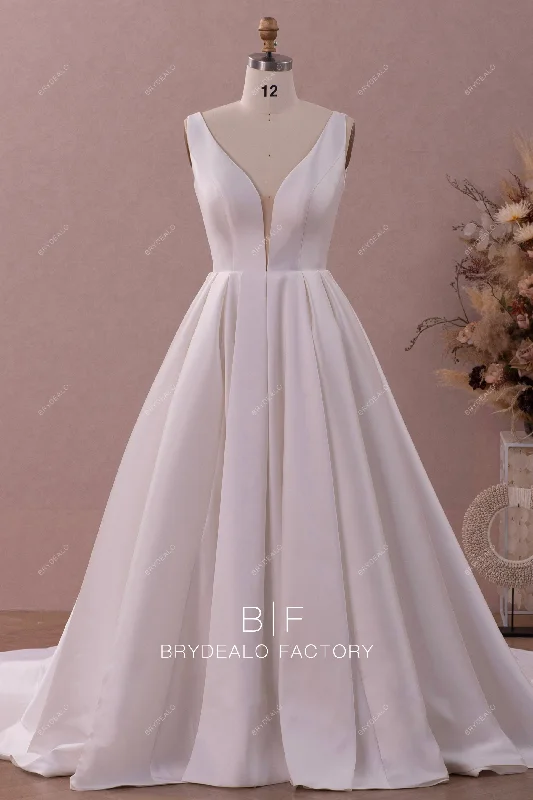 Simple Plunging Neck Mikado Ball Gown Church Wedding Dress