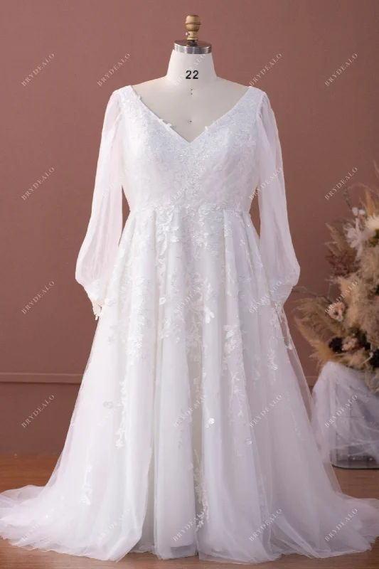 Plus Size Boho Bubble Sleeve Lace A-line Wedding Dress