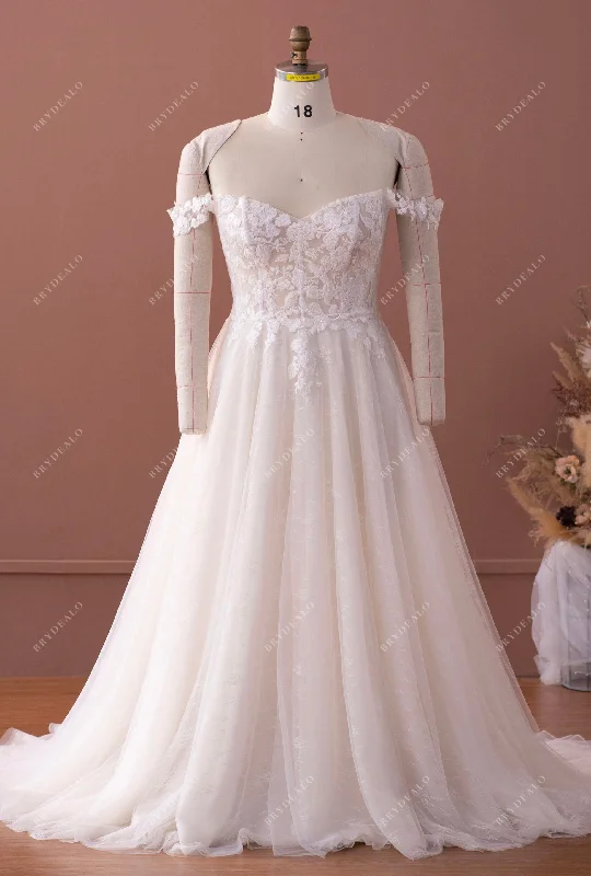 Plus Size Off Shoulder Light Champagne Lace Wedding Dress