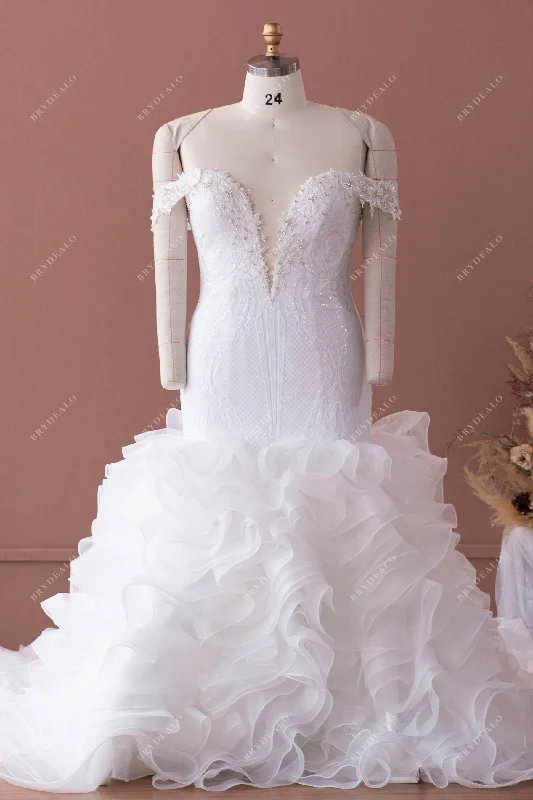 Plus Size Off Shoulder Lace Ruffled Organza Bridal Dress