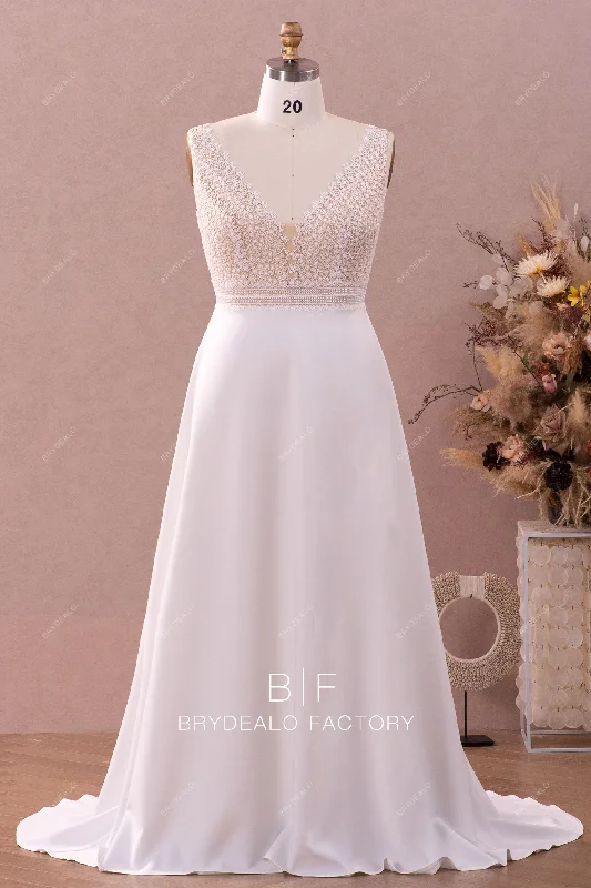 Plus Size Straps Plunging Lace Crepe A-line Fall Wedding Dress