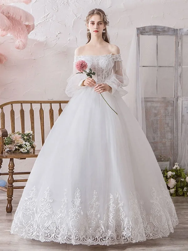 Princess Wedding Dress 2021 Ball Gown Silhouette Off The Shoulder Long Sleeves Natural Waist Floor-Length Bridal Gowns