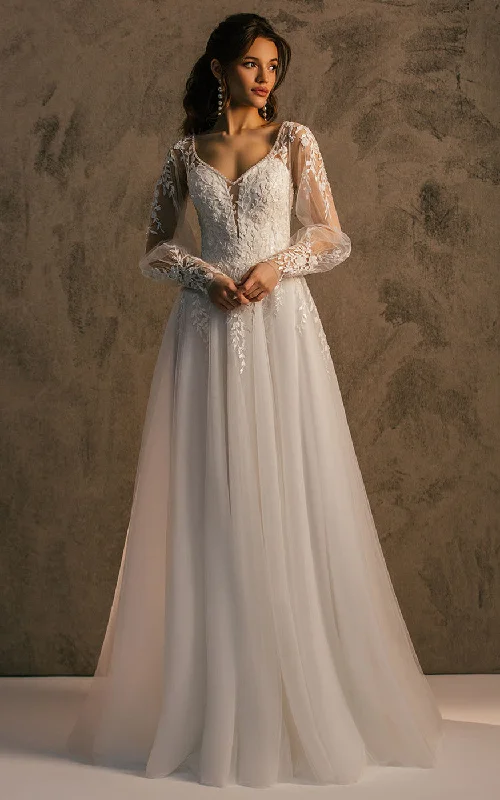 Romantic A Line V-neck Tulle Sweep Train Wedding Dress with Appliques-716381