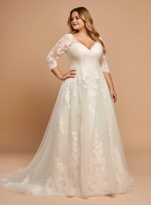 Romantic Plus Size A-Line V-neck Tulle Floor-length Wedding Dress Country Garden Simple Elegant 3/4 Length Sleeve-MW_760003