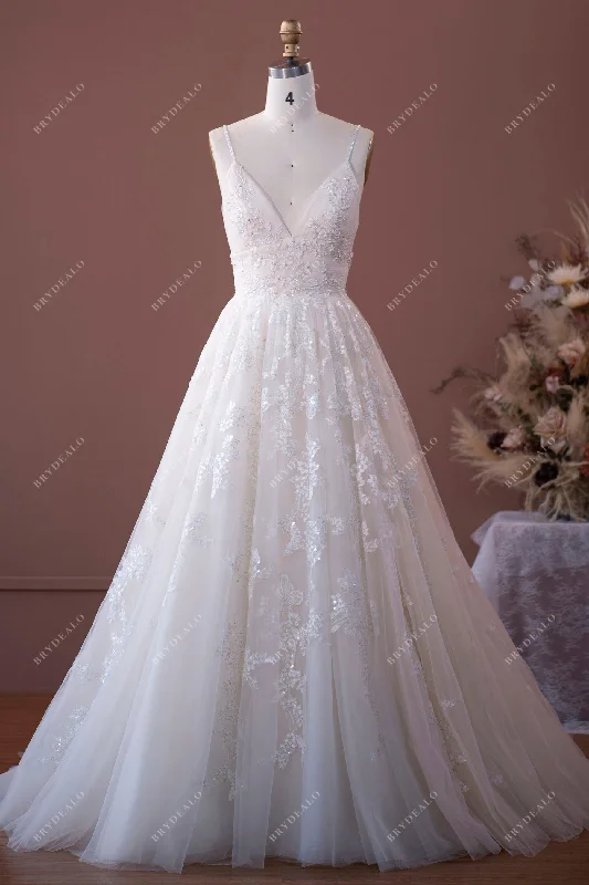 Sequin Lace V-neck Open Back Ball Gown Garden Bridal Dress