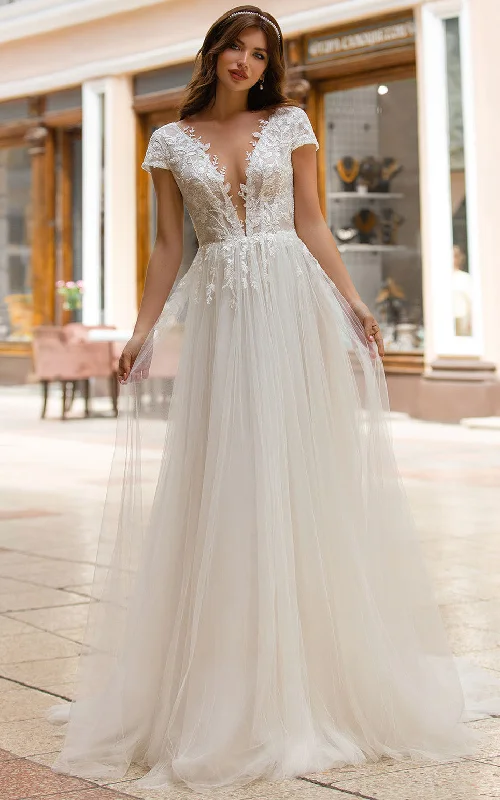 Sexy A Line Plunging Neckline Tulle Sweep Train Wedding Dress with Appliques-716380