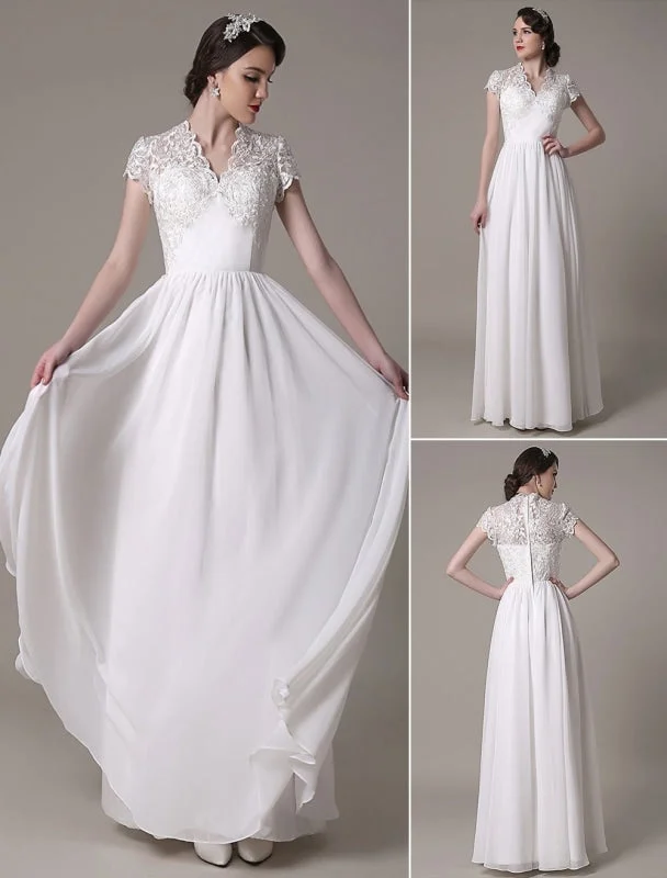 Sheath Wedding Dress V-Neck Lace Chiffon Pleated Floor Length Bridal Dress Exclusive