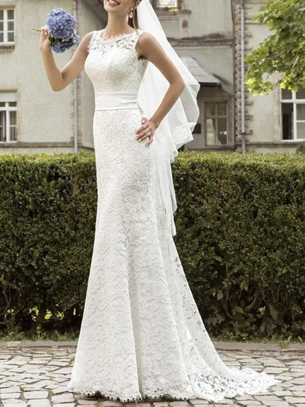 Simple Wedding Dress Lace Jewel Neck Sleeveless Sash Mermaid Bridal Dresses With Train