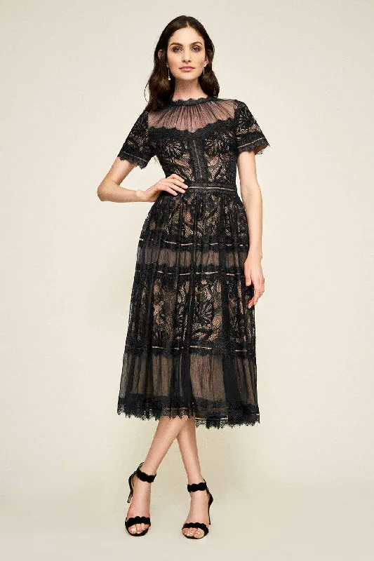 Tadashi Shoji - Illusion Neckline Sheer Lace Tea Length Dress