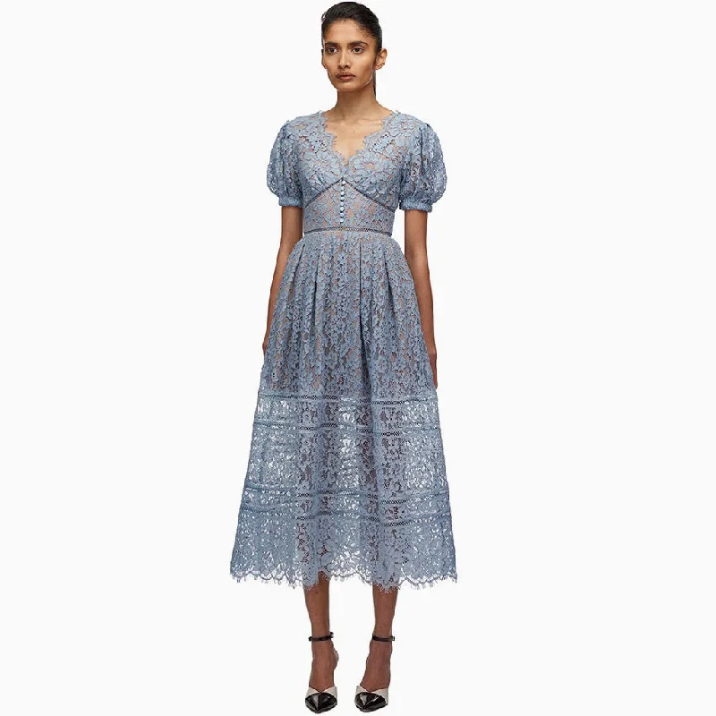 Elegant Puff Sleeve V Neck Embroidered Lace Midi Dress - Dusty Blue