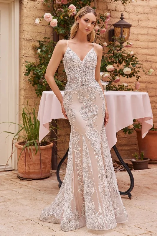 Fit & Flare Embellished Gliter Mermaid Open V-Back Long Wedding Dress CDJ859W