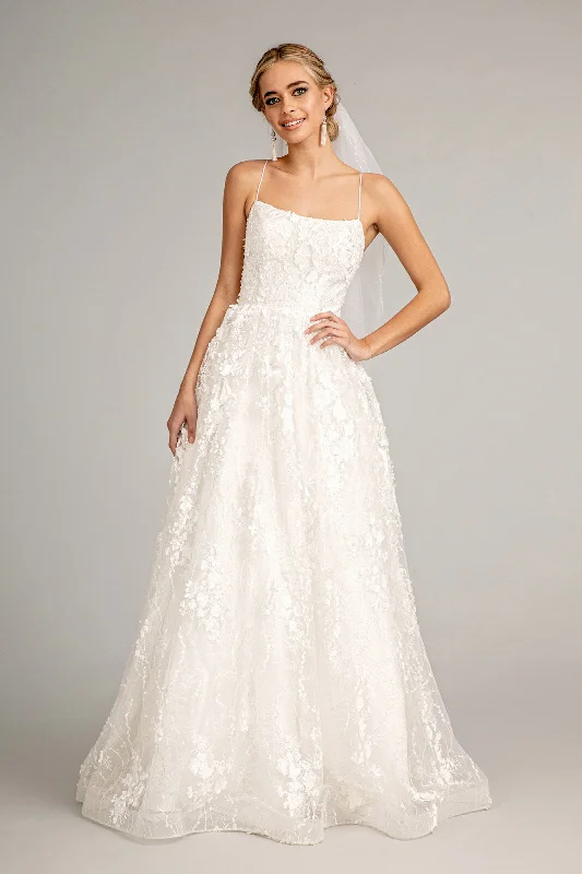 Floral Embroidered Lace-Up Mesh w/ Sweetheart Neckline Long Wedding Dress GLGL1985