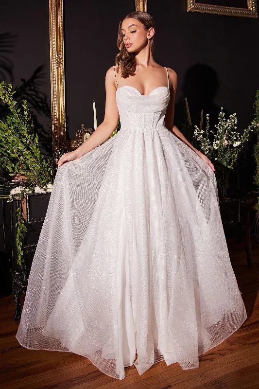 Glitter Flocked Cowl Neck Side Slit Tulle Skirt Long Wedding Dress CDCD253W