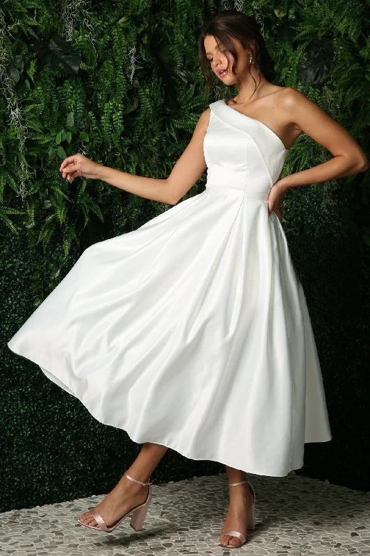 Open Back Strap Satin One Shoulder Midi Wedding Dress NXJE931W