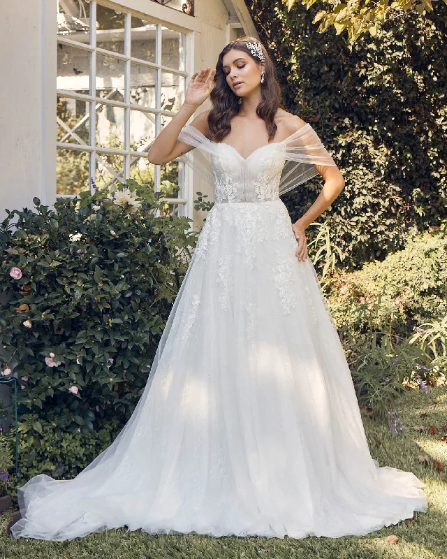 Off Shoulder A-Line Tulle Embroidered Lace Long Wedding Dress NXJE946