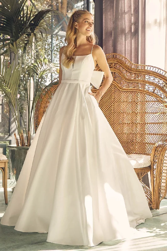 Illusion Straight Across A-Line Satin Spaghetti Straps Long Wedding Dress NXJE968