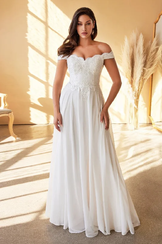 Off Shoulder Floral Bodice Appliqued Embroidered Top Cap Sleeves A-line Long Wedding Dress CD7258W Sale