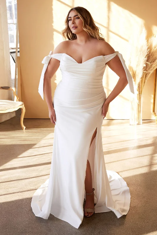 Plus Size Fitted Off Shoulders Cowl Neck Tied Straps Stretch Satin Long Wedding Dress CDCD944WC