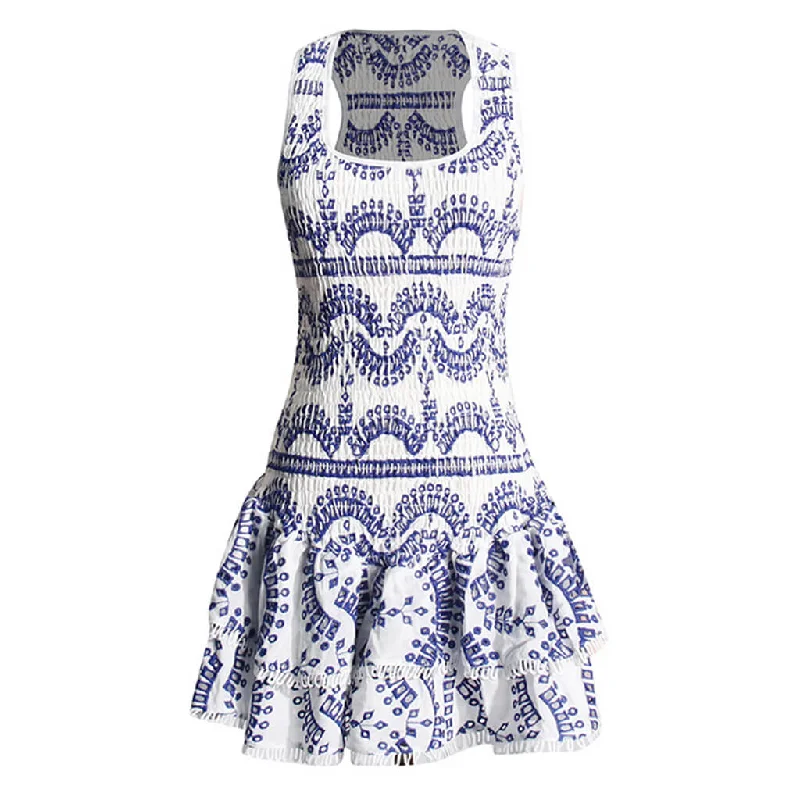 Sexy Smocked Broderie Anglaise Ruffle Tiered Drop Waist Micro Mini Dress