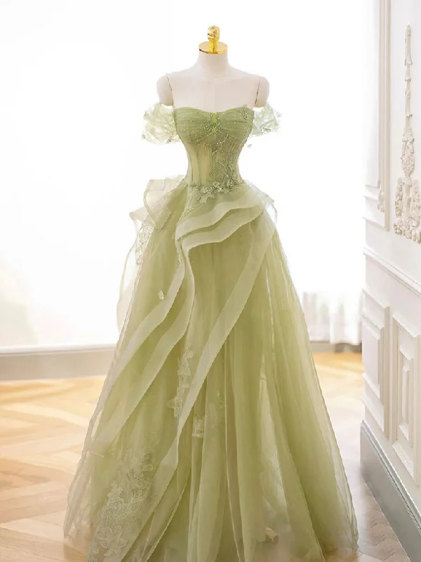 A-Line Off Shoulder Green Lace Long Prom Dress, Green Formal Dress