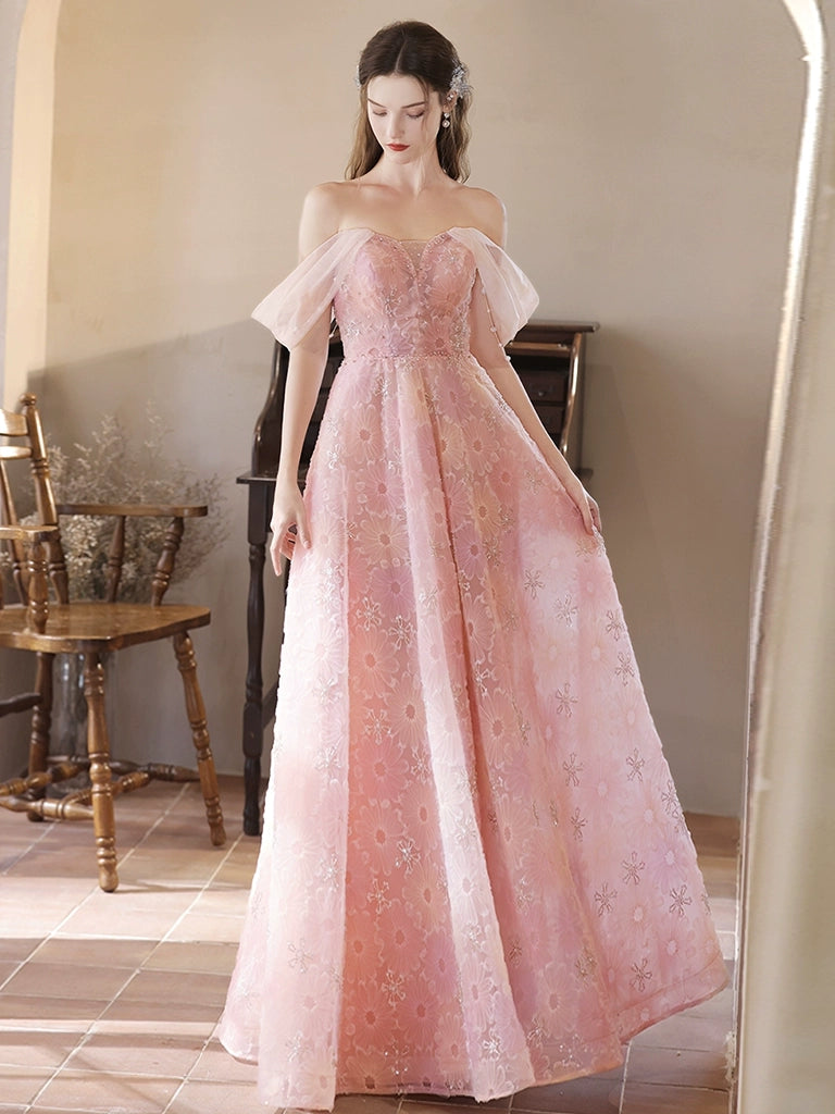 A- Line Off Shoulder Lace Pink Long Prom Dress, Pink Long Evening Dress