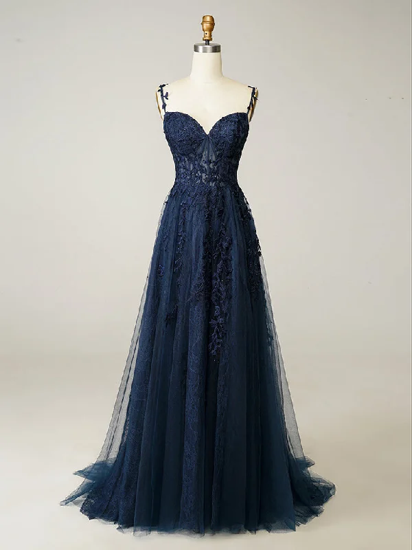 A-Line Sweetheart Neck Tulle Lace Dark Blue Long Prom Dress, Dark Blue Long Evening Dress