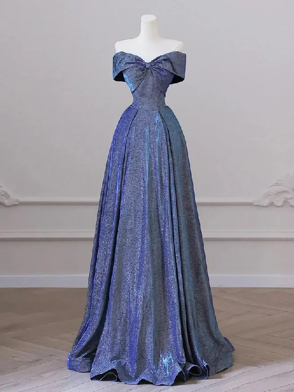 Simple Off Shoulder Satin Blue Long Prom Dress, Blue Long Formal Dress