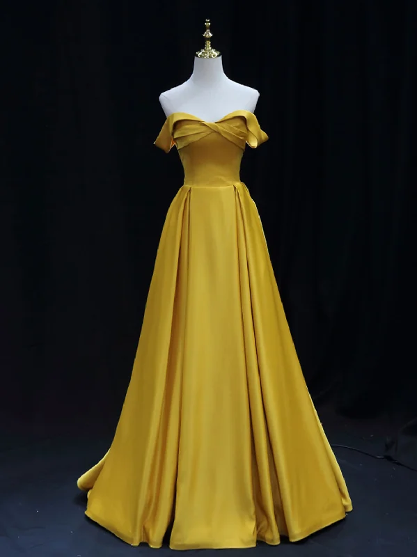 Simple Off Shoulder Satin Yellow Long Prom Dress, Yellow Long Formal Dress