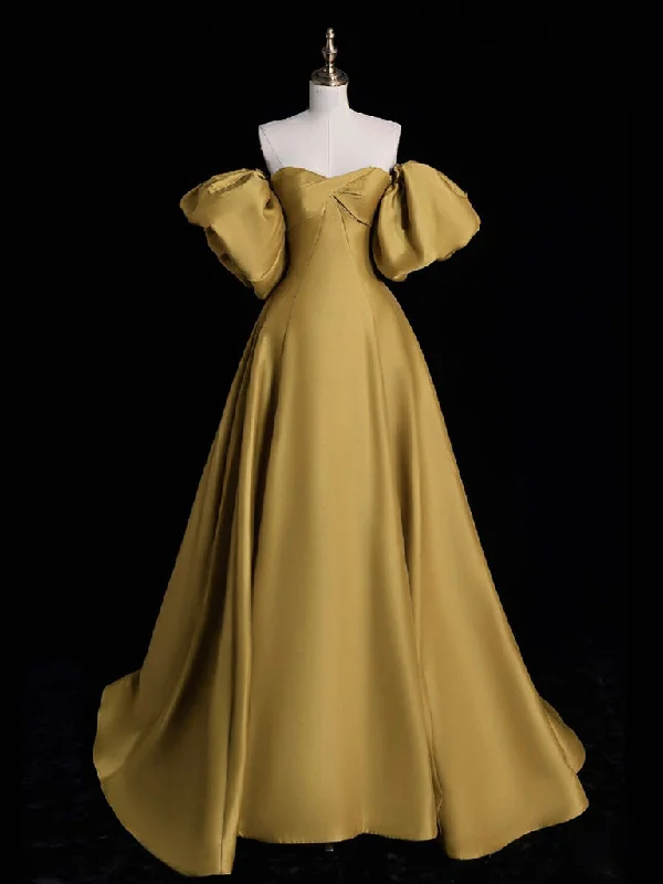 Yellow A-Line Puff Sleeves Satin Long Prom Dress, Yellow Long Formal Dress